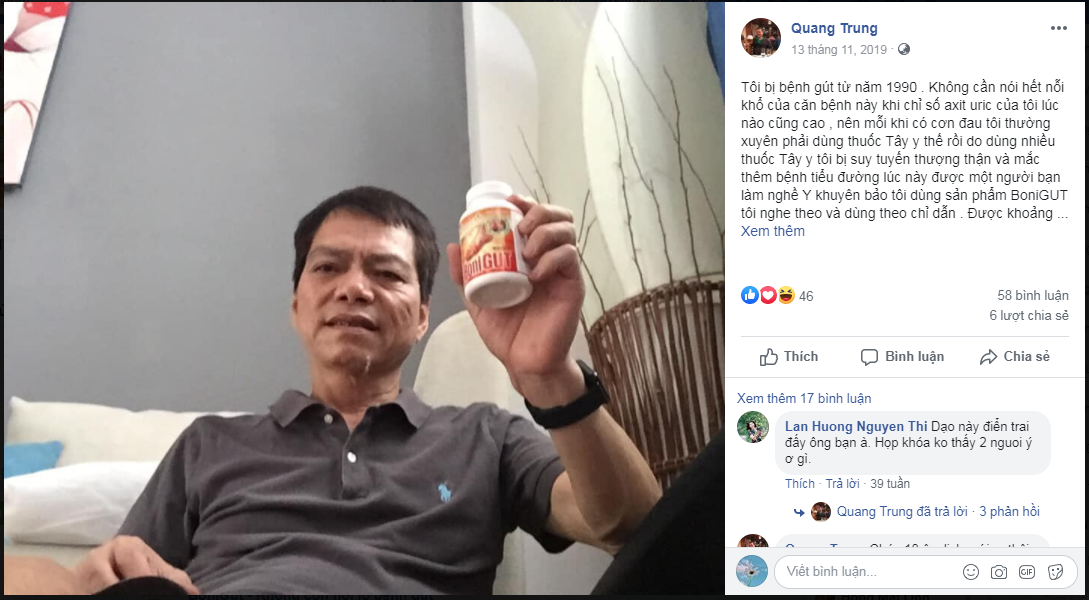 Chia sẻ về sản phẩm BoniGut của chú Trung (ở phòng 306, nhà K3, khu 72HA, p Vĩnh Phúc, Ba Đình, Hà Nội) trên trang facebook cá nhân của mình